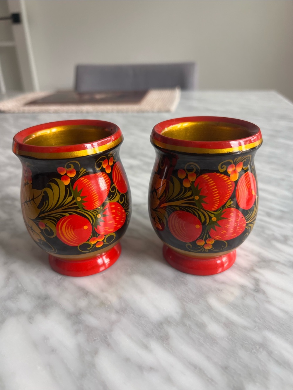 Hand-Painted Black and Red Decorative Wooden Cups